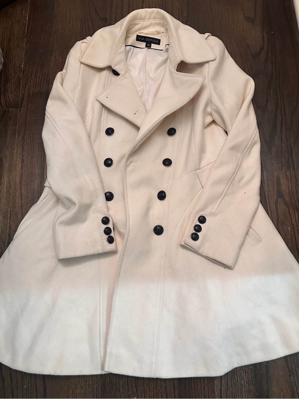 Via Spiga Cream Double-Breasted Wool Blend Peacoat with Black Buttons